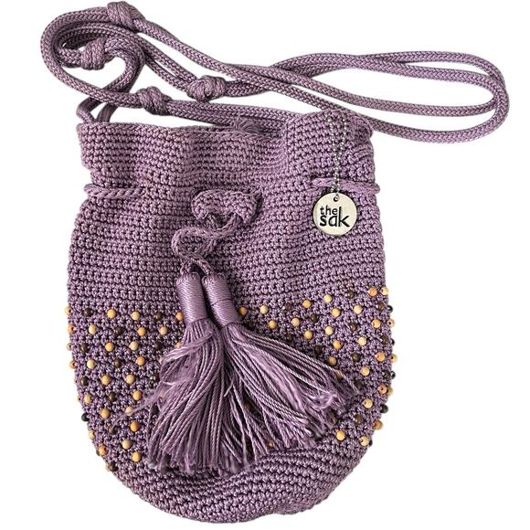 The SAK Back To Bali Beaded Hand Crochet Bucket Bag Crossbody Drawstring Purple - Picture 3 of 11